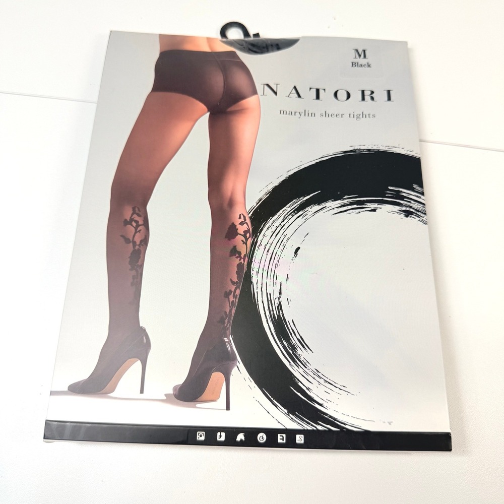 Natori Marylin Sheer Tights Black Women Size Medium Floral Legwear NTS04569